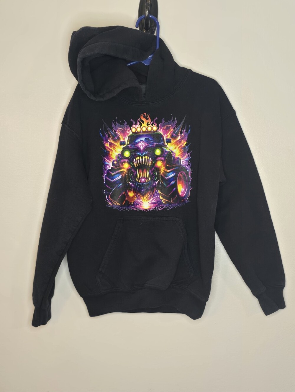 Gildan Black Hoodie with Neon Monster Truck Graphic
